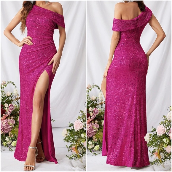 Luxe Sequin Split Thigh One Shoulder Party Wedding Formal Dress - Picture 4 of 9